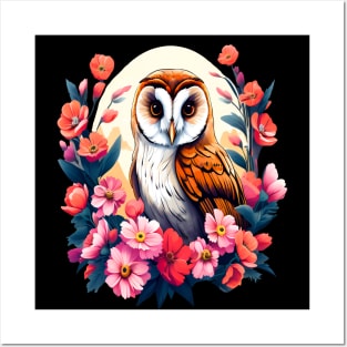 Cute European Barn Owl Surrounded by Bold Vibrant Spring Flowers Posters and Art